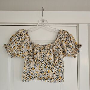 Women's Yellow Floral Puff Sleeve Cropped Top